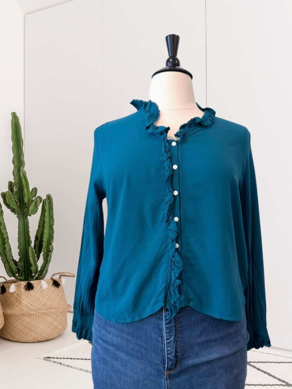 Dylan Long Sleeve Ruffle Trim Button Down Top